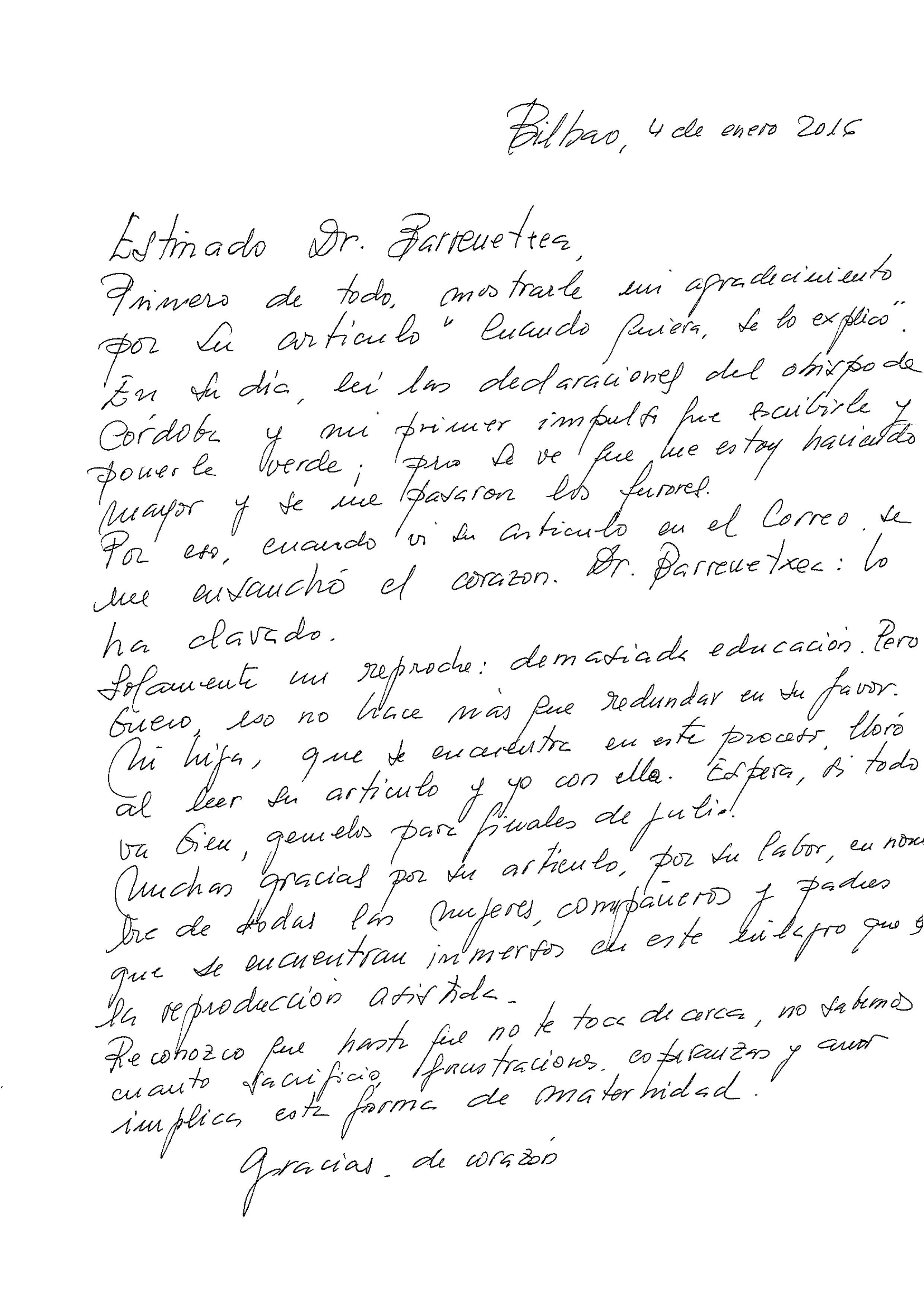 Carta de agradecimiento - Reproducción Bilbao